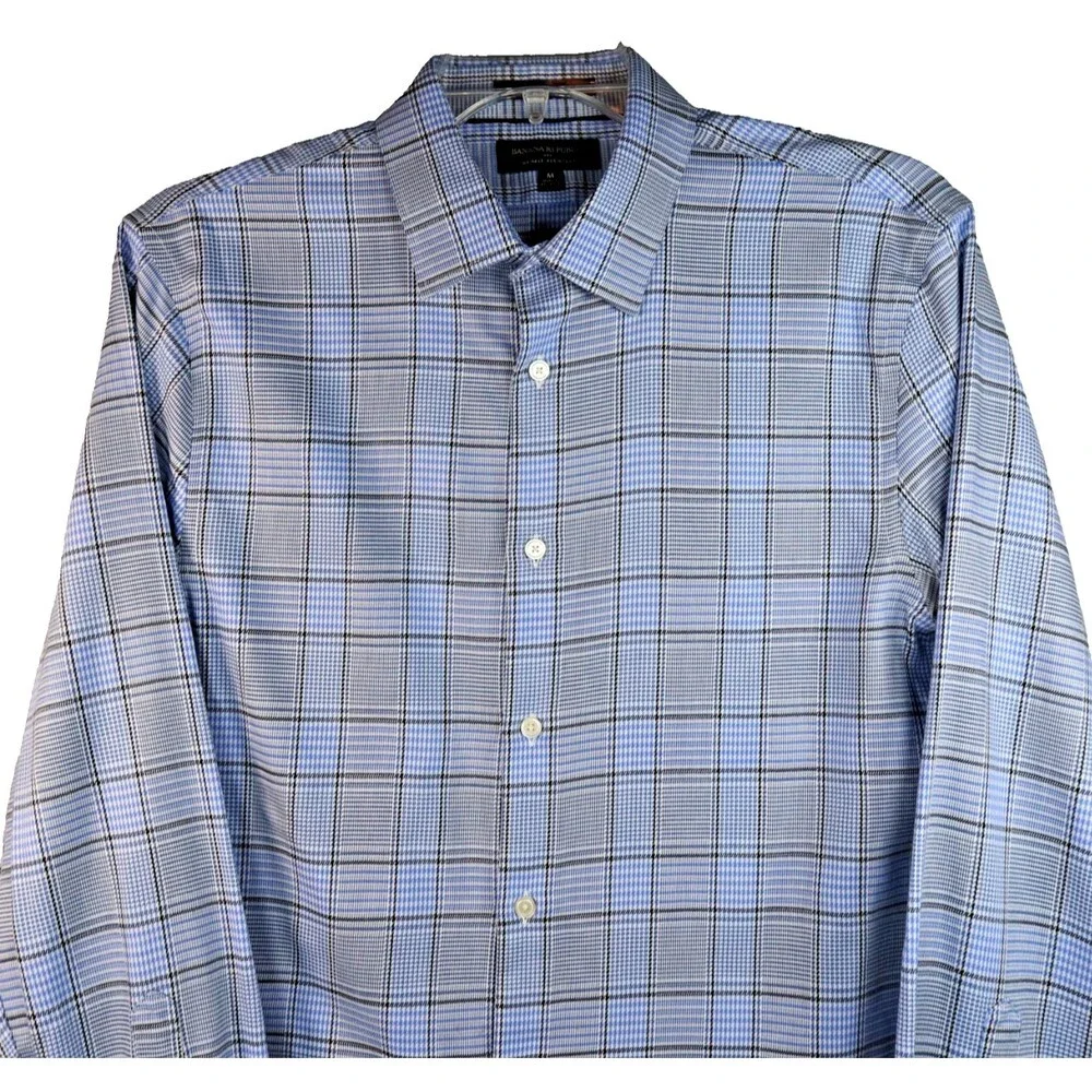 Banana Republic Wrinkle Resistant Shirt Men Medium Slim Fit Blue/Black Plaid L/S